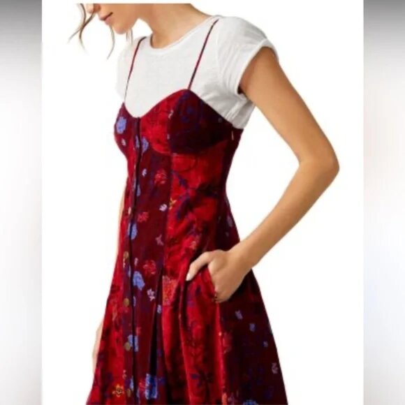 Free People Gail Midi Dress Sweetheart Grunge patchwork Corduroy Scarlet Combo S - Picture 3 of 13